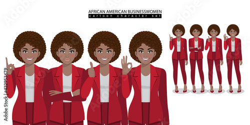 African American business woman cartoon character in different poses isolated vector illustration