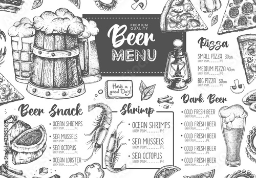 Restaurant beer menu design. Decorative sketch of beer and seafood snack. Fast food menu