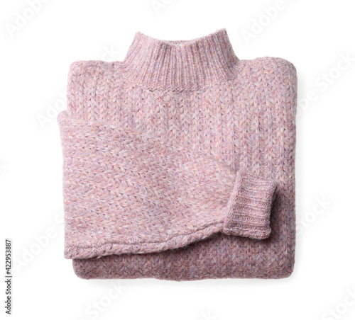 Folded warm sweater isolated on white, top view