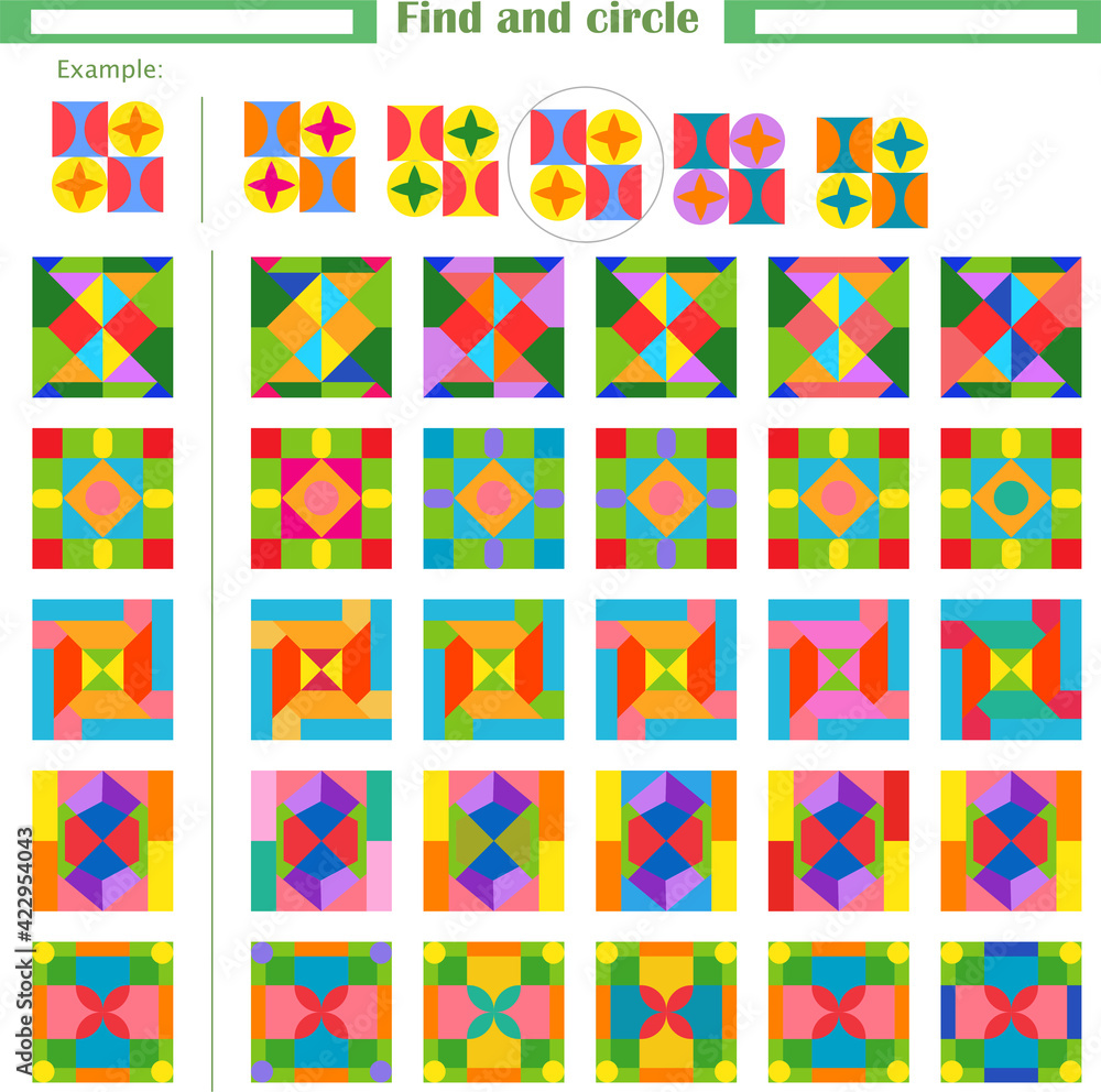 Logic game for children. Find and circle among the pictures on the right the one that matches the sample Logic game for children. Find and circle among the pictures on the right the one that matches the sample