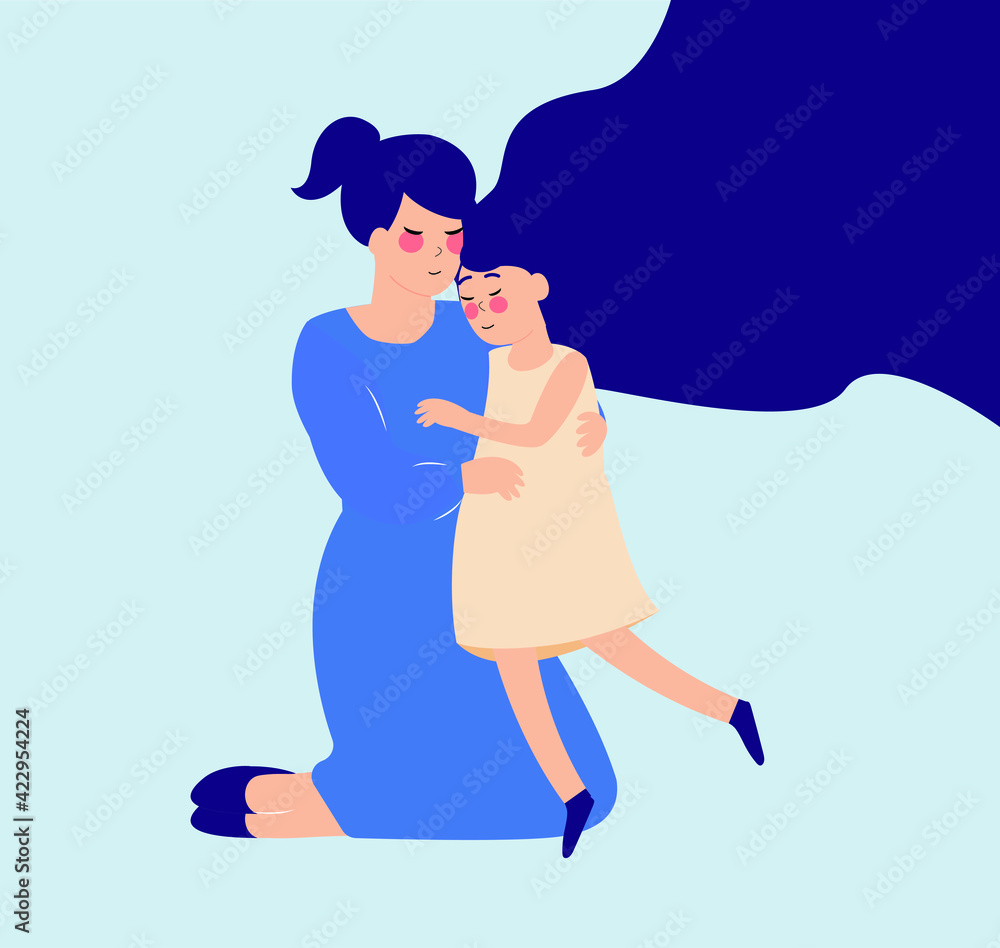 Young mom sits on the floor and hugs her daughter with care and love. Motherhood greeting card banner concept. Cute little girl hugging her mother. Tender Embrace of mothers. Happy mother's day. Young mom sits on the floor and hugs her daughter with care and love. Motherhood greeting card banner concept. Cute little girl hugging her mother. Tender Embrace of mothers. Happy mother's day.