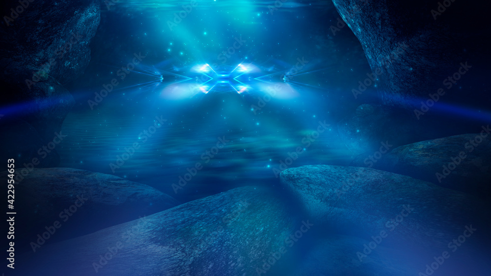 Lights under water, submarine. Dark green water.  Depth of sea water, the bottom of the sea, the rays of the sun through the water, the underwater world, dark sea the background. 3d illustration 