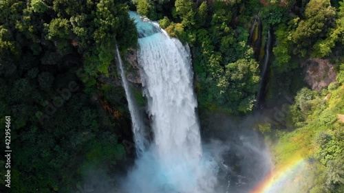 Aerial view. Water discharge, strong, maximum flow. Rainbow. The Cascata delle Marmore is a the largest man-made waterfall. Terni in Umbria Italy. Hydroelectric power plant