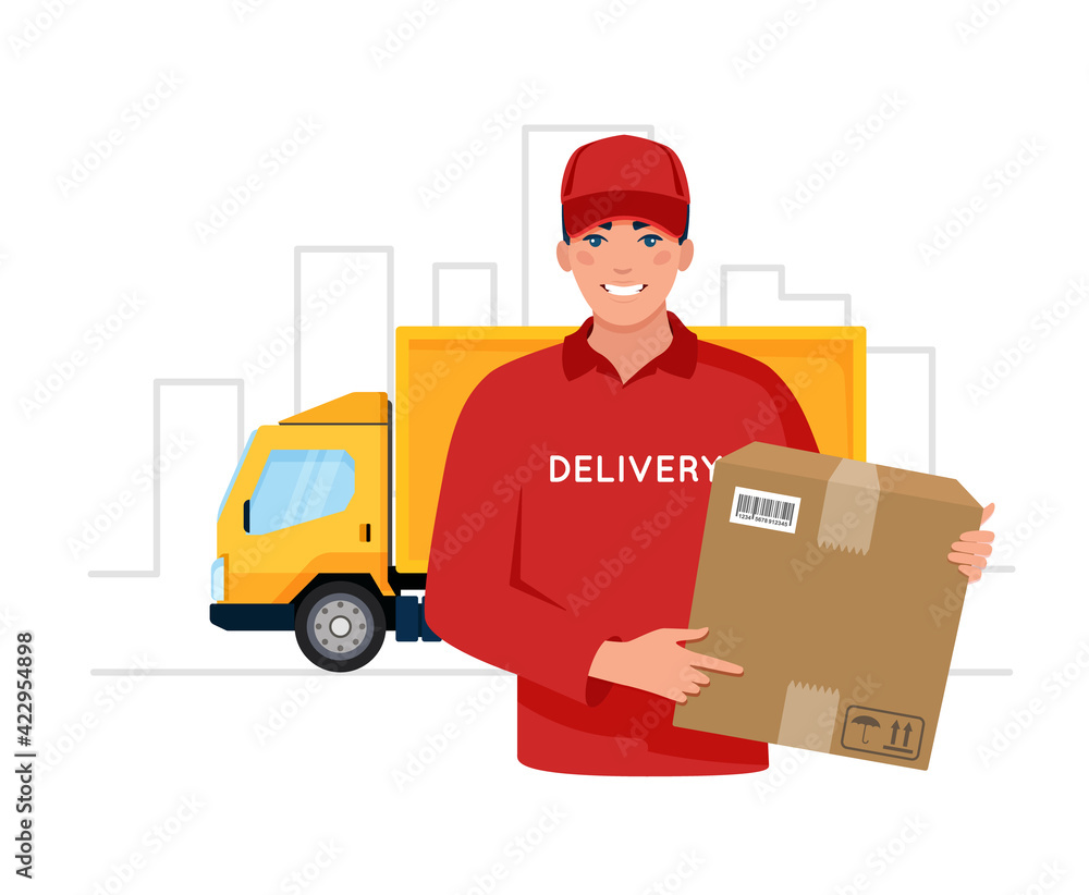 Smiling courier in uniform with a parcel box in his hands and a yellow delivery truck on the background of the city. Fast delivery service. Vector illustration Smiling courier in uniform with a parcel box in his hands and a yellow delivery truck on the background of the city. Fast delivery service. Vector illustration