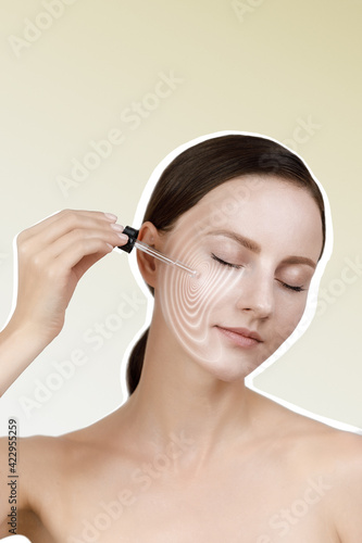 Female applying anti wrinkle serum on face  eyes closed  brown low ponytail  studio beauty shot  light yellow isolated background  graphic massage lines visualize effect of skin care product