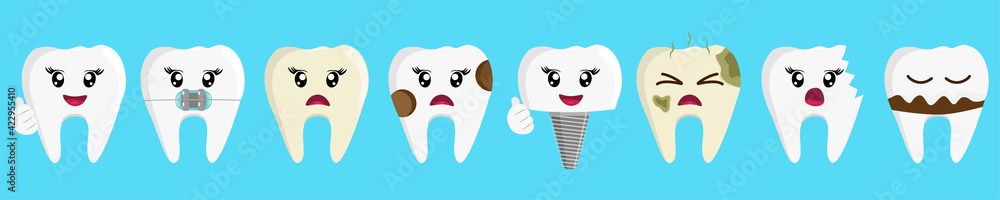 Set of cartoon teeth, healthy and with different dental problems, vector illustration.
