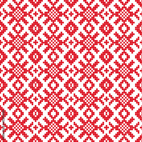 Vector pattern: national knitting red ornament on white background. Seamless pattern can be used for wallpaper, pattern fills, web page background, surface textures.