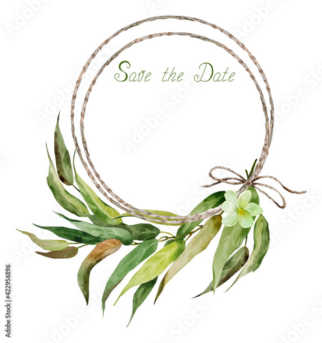Original round frame made of natural twine with a bow and a twig with eucalyptus leaves and a flower. There is a place for your text. The watercolor illustration is made by hand.