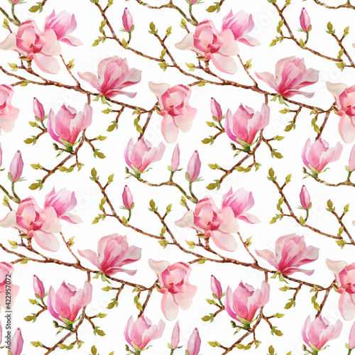 Abstract watercolor seamless pattern of delicate flowering magnolia branches. Hand-painted branches and pink flowers and magnolia buds isolated on a white background.