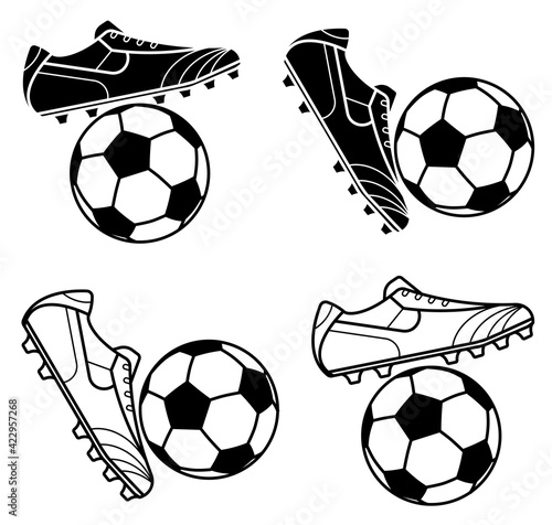 Black and white classic soccer ball and football boot, sneaker. Isolated vector on white background