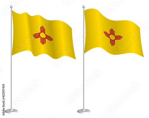 flag of american state of New Mexico on flagpole waving in wind. Holiday design element. Checkpoint for map symbols. Isolated vector on white background photo