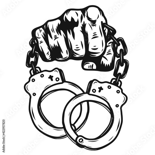 Fist with shackle by hand drawing.Graphic Hand Screen Printed T Shirt.Vector tattoo on white background