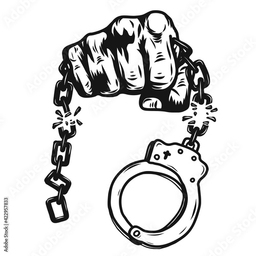 Fist with shackle by hand drawing.Graphic Hand Screen Printed T Shirt.Vector tattoo on white background
