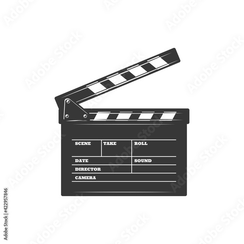 Cinema clapboard, scene and action board, clapper board isolated film production desk monochrome icon. Vector movie shooting instrument with mention of scene and shot number, director and cameraman