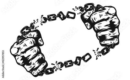 Fist with shackle by hand drawing.Graphic Hand Screen Printed T Shirt.Vector tattoo on white background
