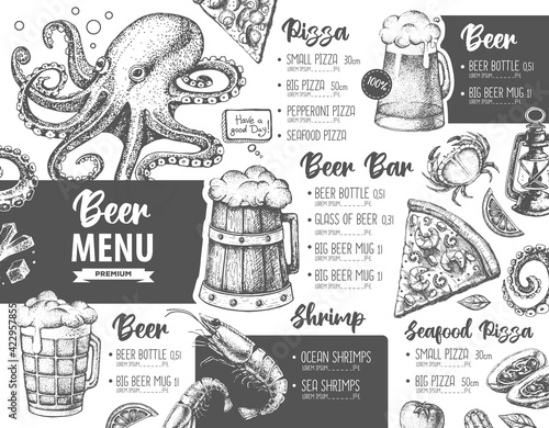 Restaurant beer menu design. Decorative sketch of beer and seafood snack. Fast food menu