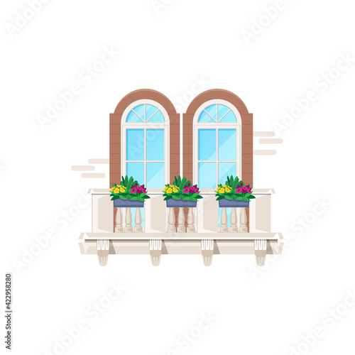 Balcony with windows, house building and apartments facade architecture, vector. Vintage classic balcony with white marble banister, arch glass windows and flowers on railings of villa or mansion