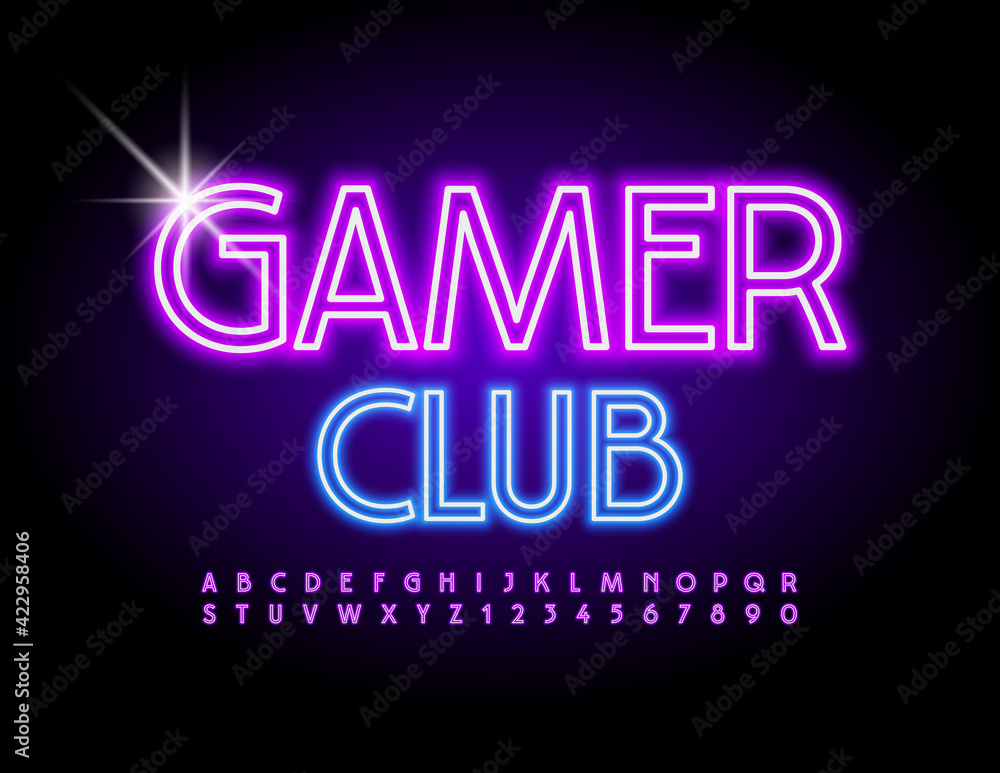 Vector neon sign Gamer Club. Electric light Font. Glowing set of Alphabet Letters and Numbers