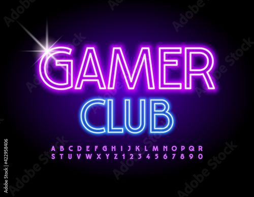 Vector neon sign Gamer Club. Electric light Font. Glowing set of Alphabet Letters and Numbers