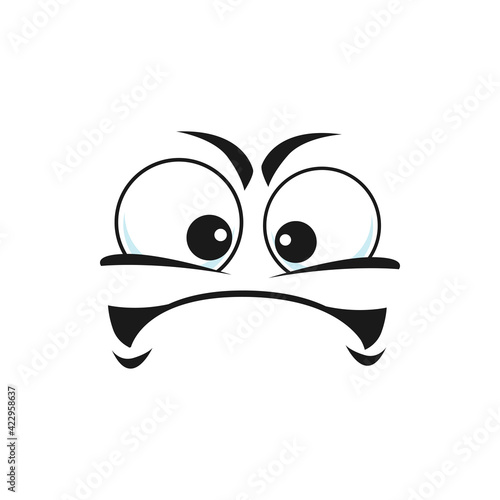 Depressed sad upset emoticon character emoji icon isolated. Vector bored irritated smiley with big eyes, slightly closed eye. Unhappy suspicious emoji, with offended sorrow head. Depressed character