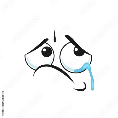 Offended crying emoticon with tears on eyes isolated weeping emoji. Vector mourning emoticon with wide open eyes, resentful or annoyed, insulted smiley. Depressed sad unhappy character in sorrow
