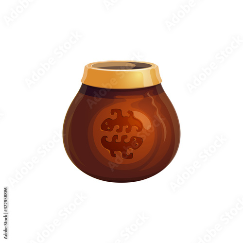 Calabash gourd cup with yerba mate tea isolated realistic icon. Vector south American hot beverage dry tea leaves in wooden cup with lizard reptiles prints. Organic hot drink from Uruguay Argentina