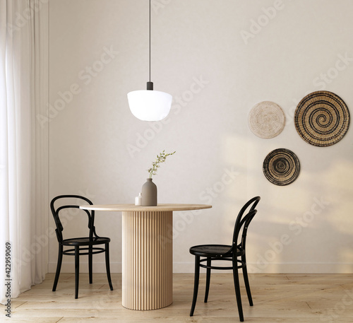 home interior dining room with wood chair and wood table,vase with flowers,rattan
