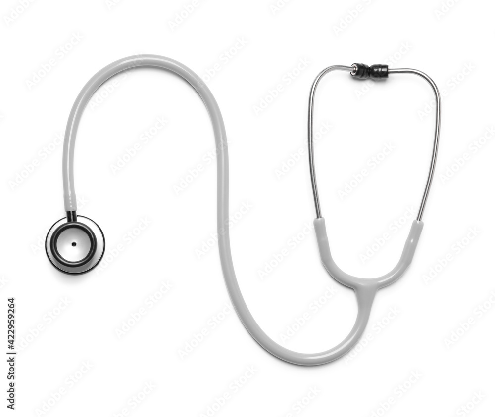 Modern stethoscope on white background, top view Modern stethoscope on white background, top view