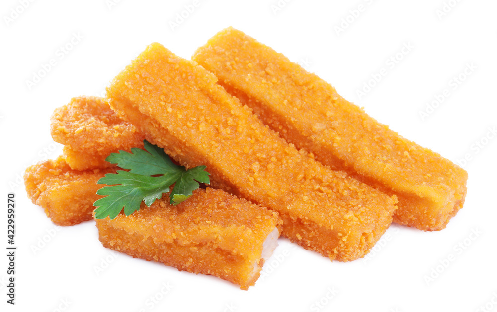 Fresh breaded fish fingers with parsley on white background Fresh breaded fish fingers with parsley on white background