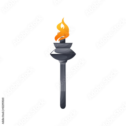 Burning torch in metal stick, fire symbol of peace isolated icon. Vector flaming torch medieval competitions mascot. Bright sparkling flare, flambeau cresset symbol of olympic sport, liberty freedom