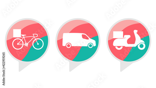 Delivery and transport icons set. Bicycle, scooter, van. Vector graphics