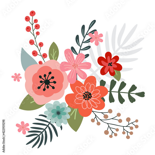 A bouquet of spring flowers and floral elements for your design on a white background. Hand-drawn.