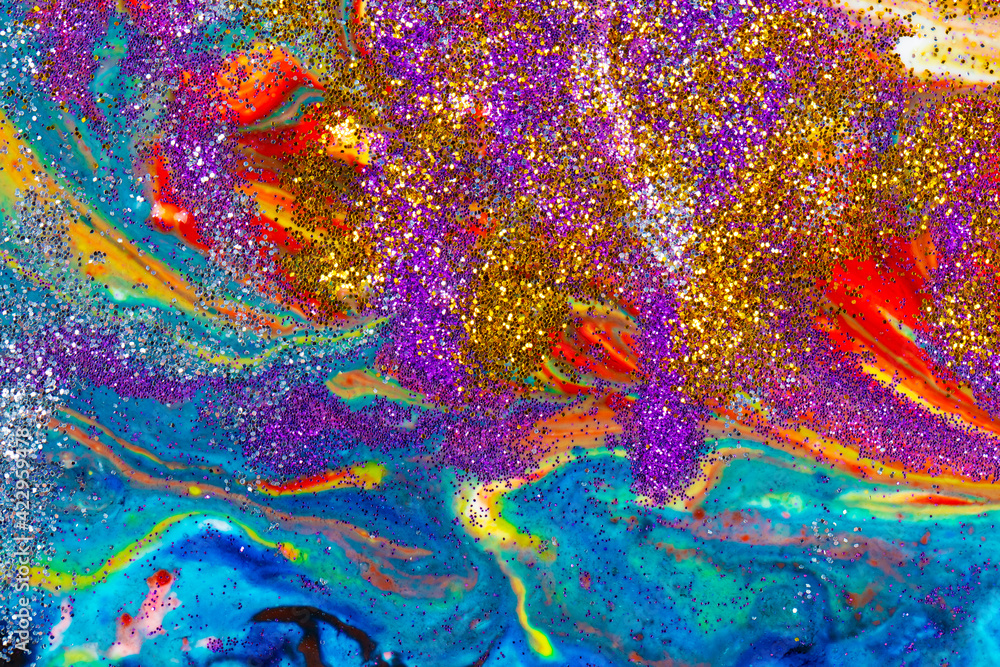 Multicolored acrylic backdrop sprinkled with purple and gold sequins. Contemporary creativity. A colorful avant-garde painting with rich texture. A background made up of many shapes and materials. Multicolored acrylic backdrop sprinkled with purple and gold sequins. Contemporary creativity. A colorful avant-garde painting with rich texture. A background made up of many shapes and materials.