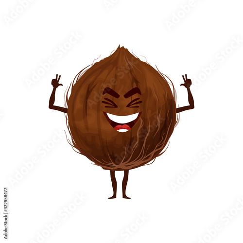 Whole coconut fruit in hard shell isolated funny emoticon flat cartoon character. Vector exotic food hero, smiling coconut with arms and legs. Tropical palm tree nut, oil and milk ingredient