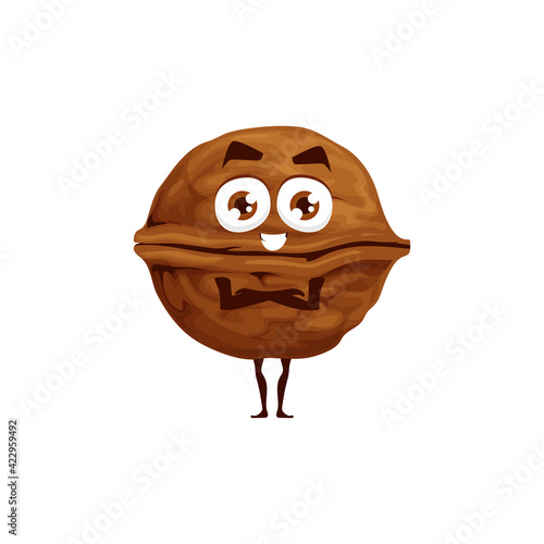 Walnut in shell, whole fruit with kernel isolated happy emoticon flat cartoon character. Vector brown nut, vegetarian snack, superfood comic hero with crossed arms. Walnut edible seed of drupe