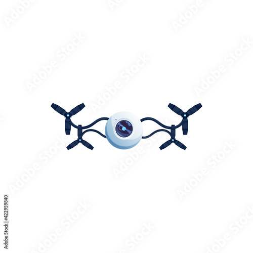 Robot drone assistant isolated realistic 3D icon. Vector futuristic cyborg in space, quadcopter with photo camera. Digital video camera and propellers, flying delivery drone, robotic android
