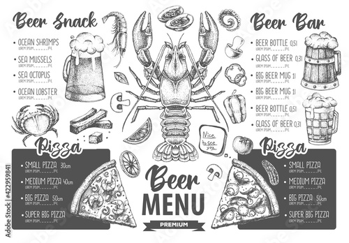 Restaurant beer menu design. Decorative sketch of beer and seafood snack. Fast food menu