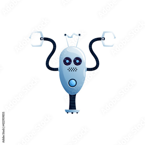 Plastic hi-tech character isolated digital robot with hands loaders, antenna on head. Vector humanoid loads helper, modern stylish robotic cyborg. Android robot mechanical sci fi futuristic kids toy