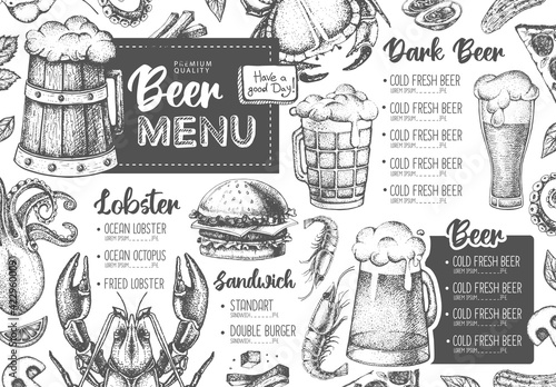 Restaurant beer menu design. Decorative sketch of beer and seafood snack. Fast food menu