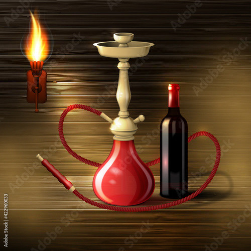 Realistic hookah with a bottle of wine on a wooden background with a torch and smoke. Vector illustration.