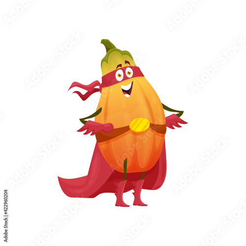 Papaya fruit superhero cartoon character, vector tropical fruit in super hero costume and mask. Happy papaya fruit as powerful superhero in cape and power belt, food superpower