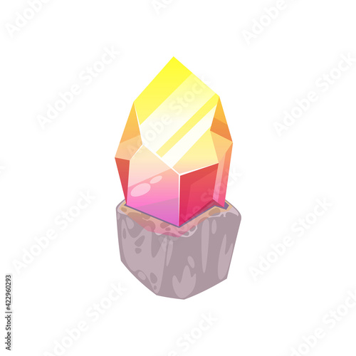 Topaz yellow to pink crystal, natural mineral isolated. Vector mineralogy symbol, golden nugget, jewel raw material, jewelry precious stone organic silicate rock. Crystalline stone, gemstone sapphire