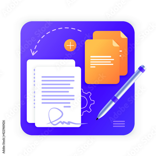 Electronic contract or digital signature concept in vector illustration. Signing an electronic contract online, document. Flat icon. Button. Website template or web page layout. The working process.