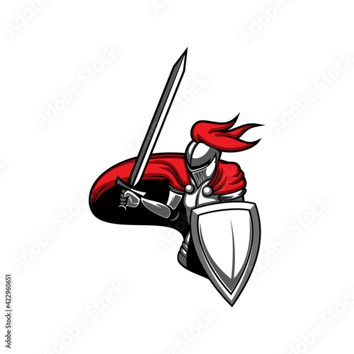 Medieval knight, heraldic mascot vector icon, warrior with raised sword and shield. Isolated guard with blade in armour and red cape. Ancient royal soldier in helmet with red plumage