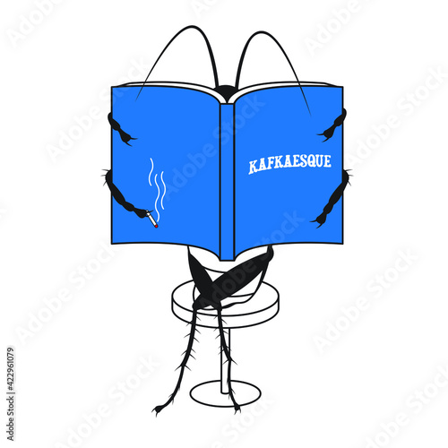 A cockroach sitting on a stool smoking and reading kafkaesque book.