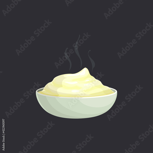 Hot mashed potato in bowl isolated realistic icon. Vector vegetarian food, streaming puree on white plate. Ready to eat mushed nutrition potato with milk or butter, Belarusian or Ukrainian cuisine