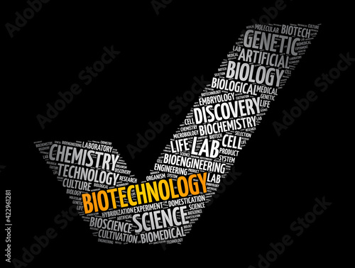 Biotechnology check mark word cloud collage, concept background