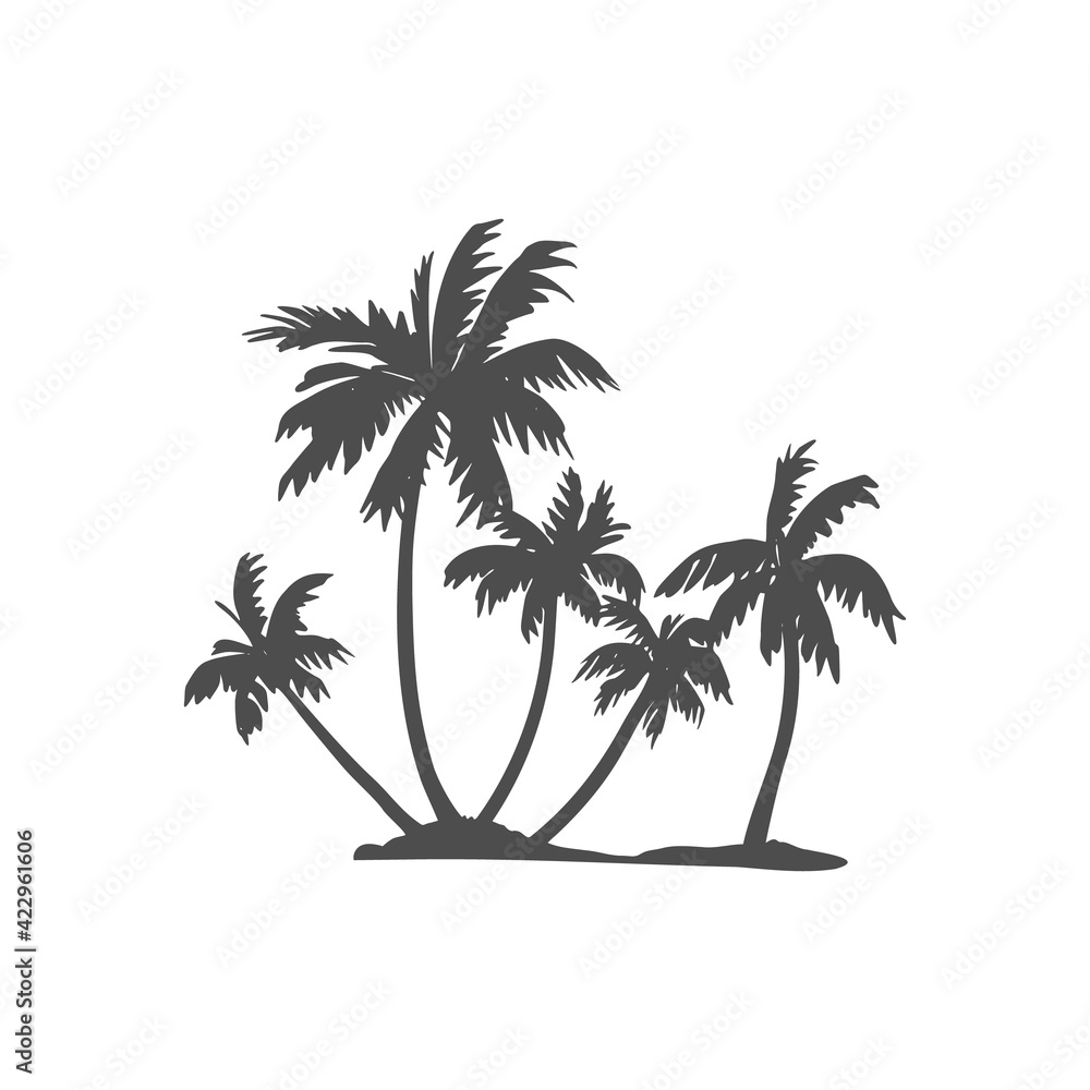 Black silhouette of a palm tree. Tropical leaves. Coconut palm, exotic lush sketch or hawaii coco palms. Vector illustration. For design of t-shirts, cards, invitations in retro style