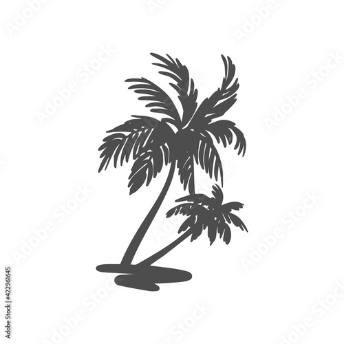 Black silhouette of a palm tree. Tropical leaves. Coconut palm, exotic lush sketch or hawaii coco palms. Vector illustration. For design of t-shirts, cards, invitations in retro style