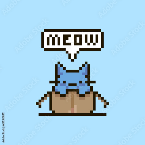 colorful simple flat pixel art illustration of cartoon cute kitten sitting in an open cardboard box and speech-bubble with word meow in it